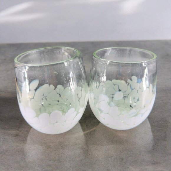 Hand Blown Glass Set 2 Stemless Tumblers Drinking Glasses Cups Clear White Spots - Picture 1 of 13